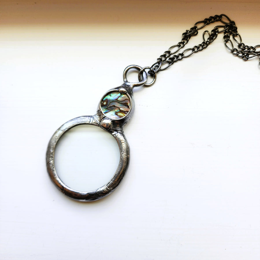 Glass Magnifying Glass Pendant, Abalone Inset, New Smaller Size