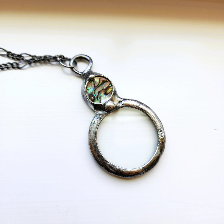 Glass Magnifying Glass Pendant, Abalone Inset, New Smaller Size