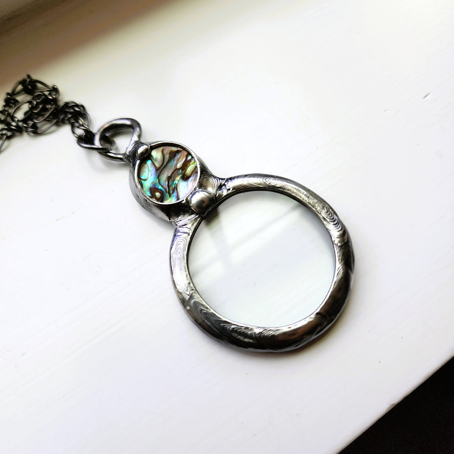 Glass Magnifying Glass Pendant, Abalone Inset, New Smaller Size