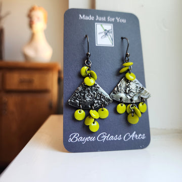 Bohemian Style Earrings, Lime Green Beads Hand Soldered Findings