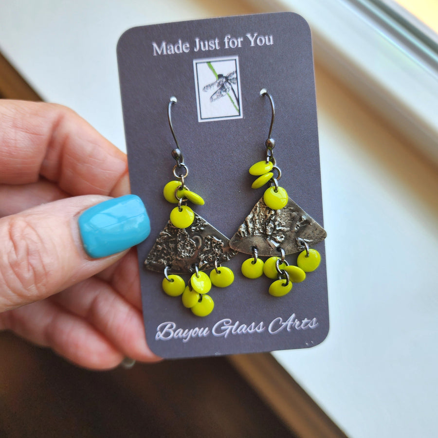 Bohemian Style Earrings, Lime Green Beads Hand Soldered Findings