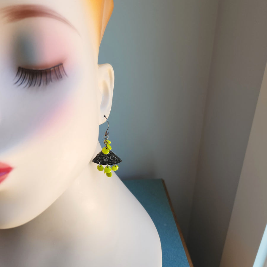 Bohemian Style Earrings, Lime Green Beads Hand Soldered Findings