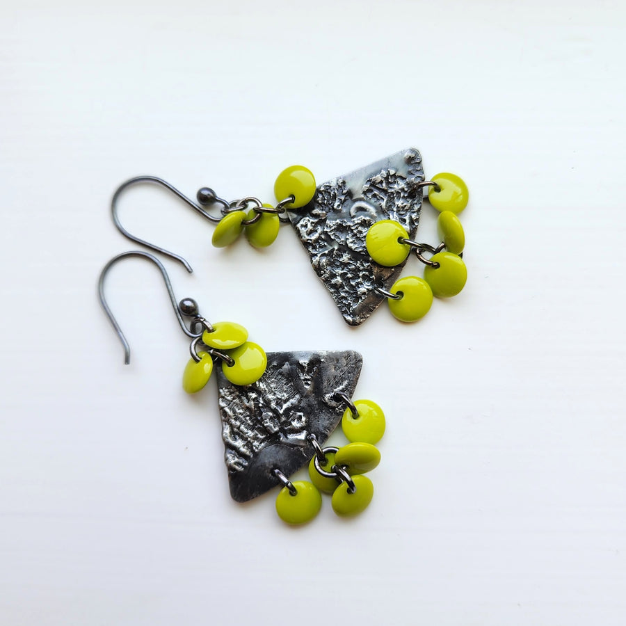 Bohemian Style Earrings, Lime Green Beads Hand Soldered Findings
