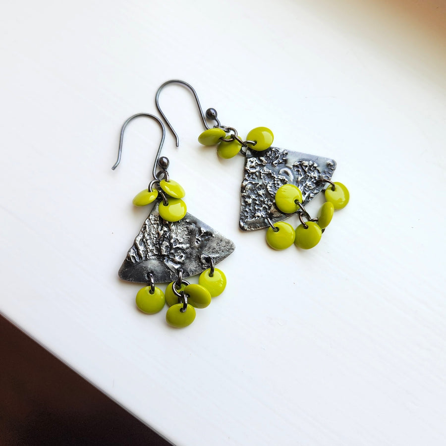 Bohemian Style Earrings, Lime Green Beads Hand Soldered Findings