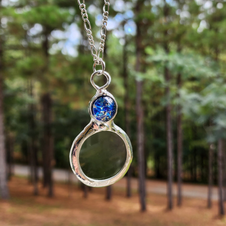 Magnifier Necklace with Blue Glass Opal Inset, Long Necklace