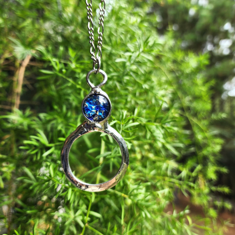Magnifier Necklace with Blue Glass Opal Inset, Long Necklace