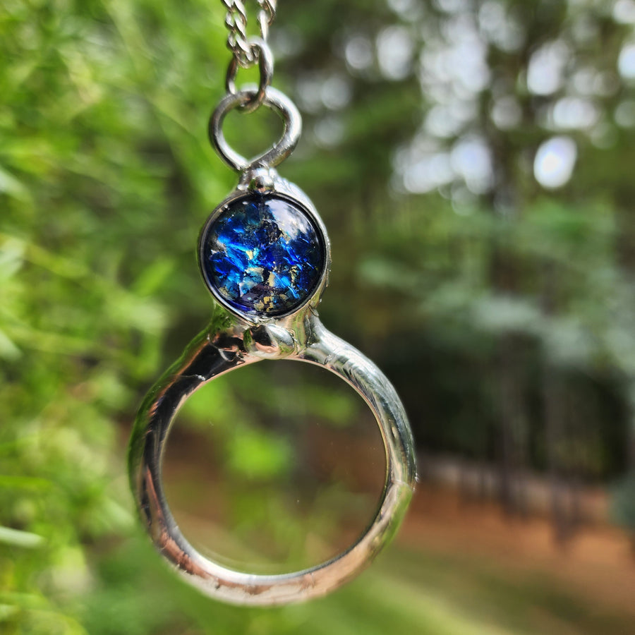 Magnifier Necklace with Blue Glass Opal Inset, Long Necklace