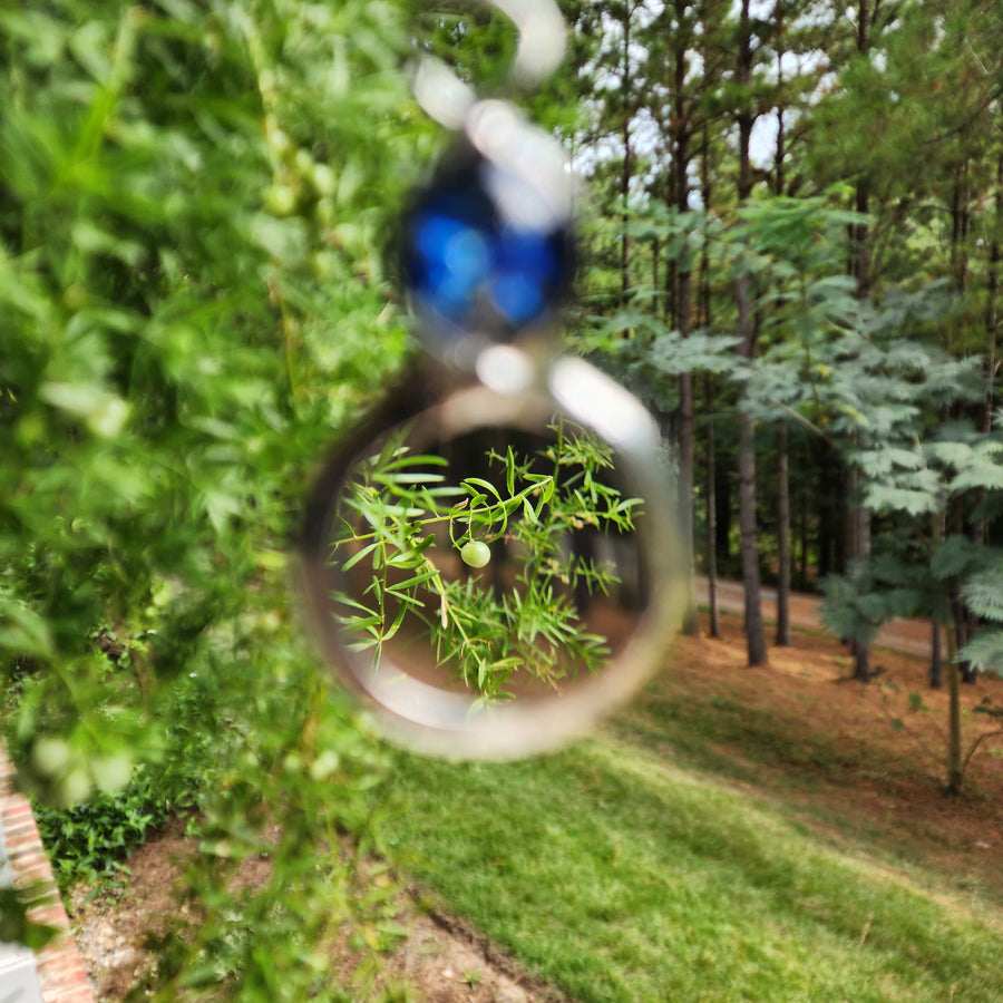 Magnifier Necklace with Blue Glass Opal Inset, Long Necklace