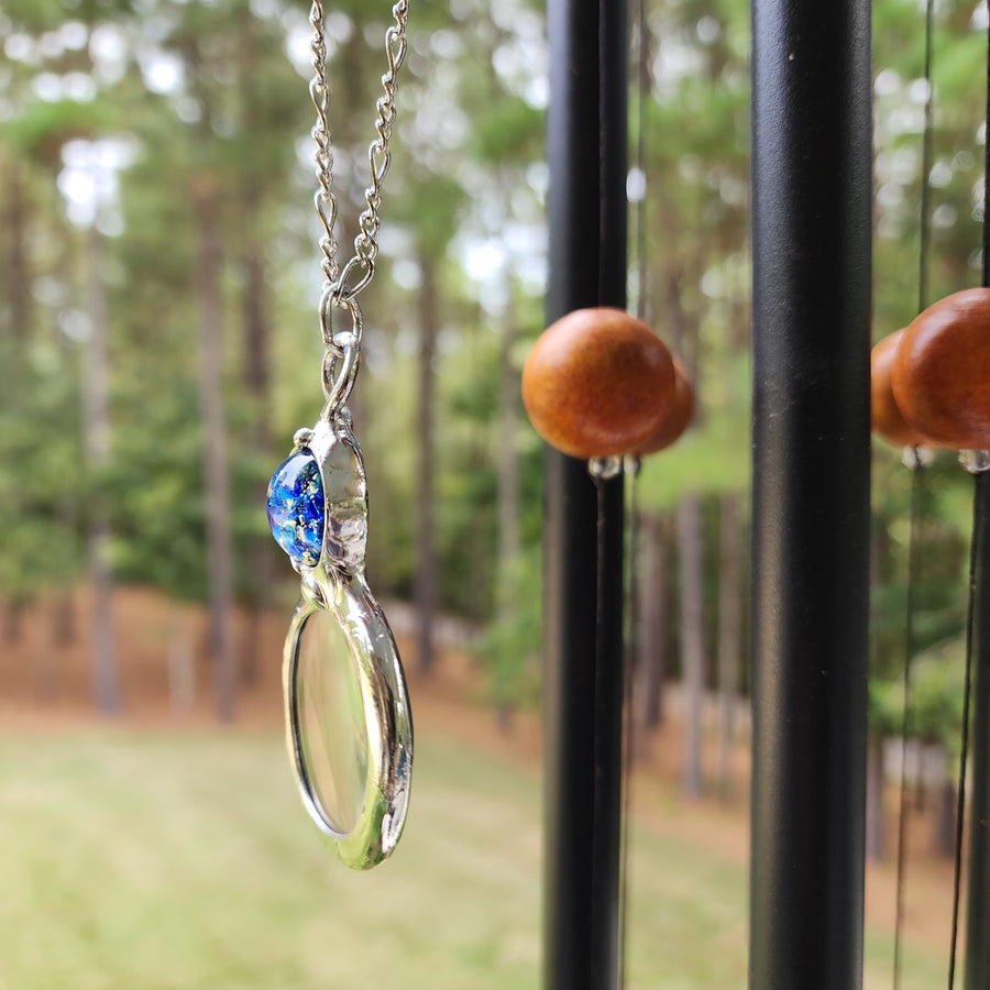 Magnifier Necklace with Blue Glass Opal Inset, Long Necklace