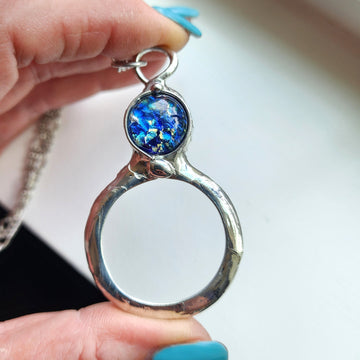 Magnifier Necklace with Blue Glass Opal Inset, Long Necklace