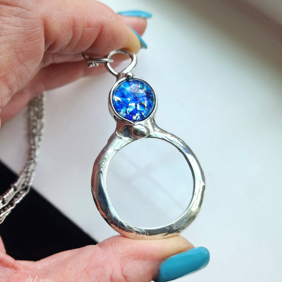 Magnifier Necklace with Blue Glass Opal Inset, Long Necklace