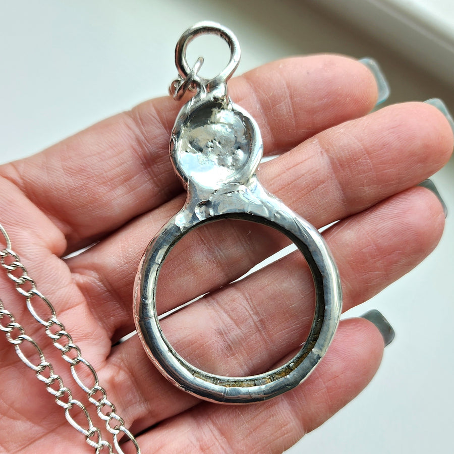Magnifier Necklace with Blue Glass Opal Inset, Long Necklace