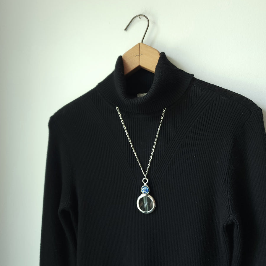 Magnifier Necklace with Blue Glass Opal Inset, Long Necklace