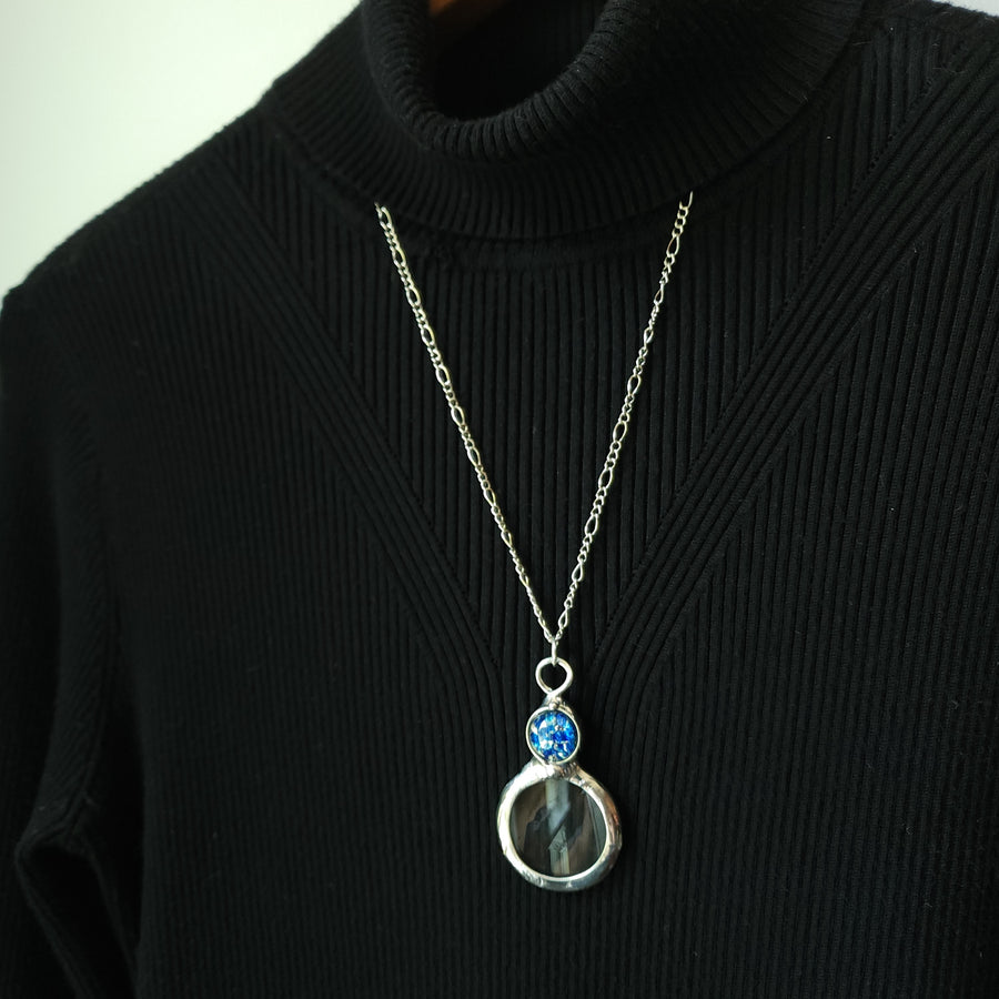 Magnifier Necklace with Blue Glass Opal Inset, Long Necklace