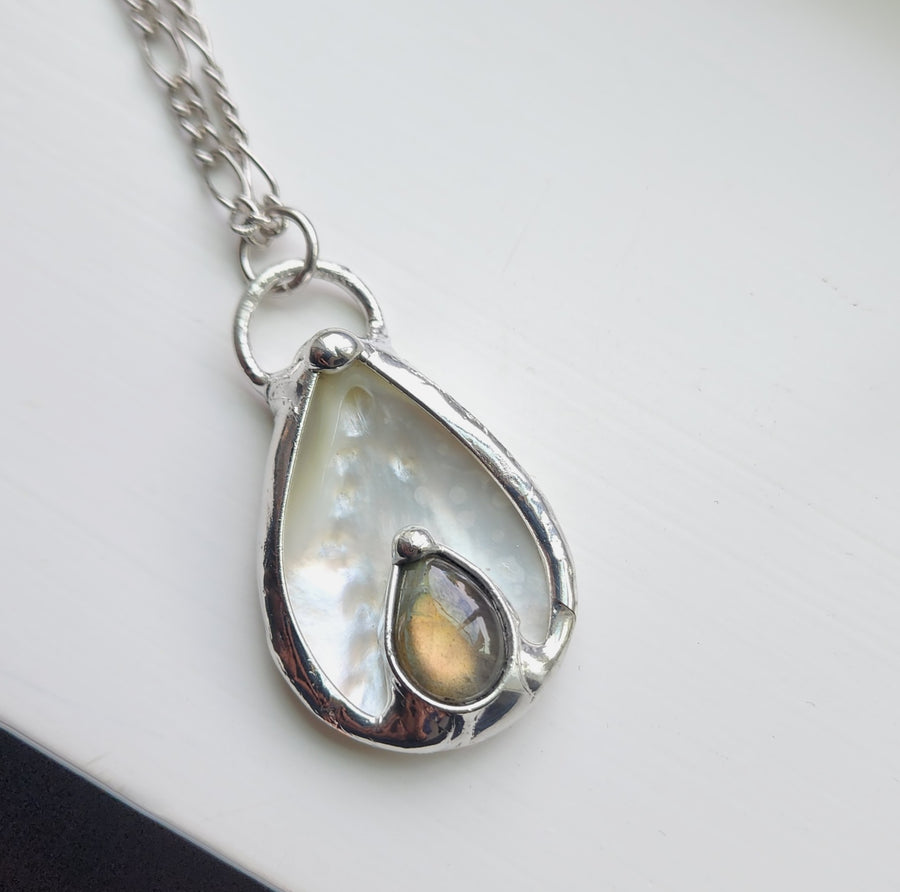 SOLD - Mother of Pearl with Labradorite Inset Pendant Necklace