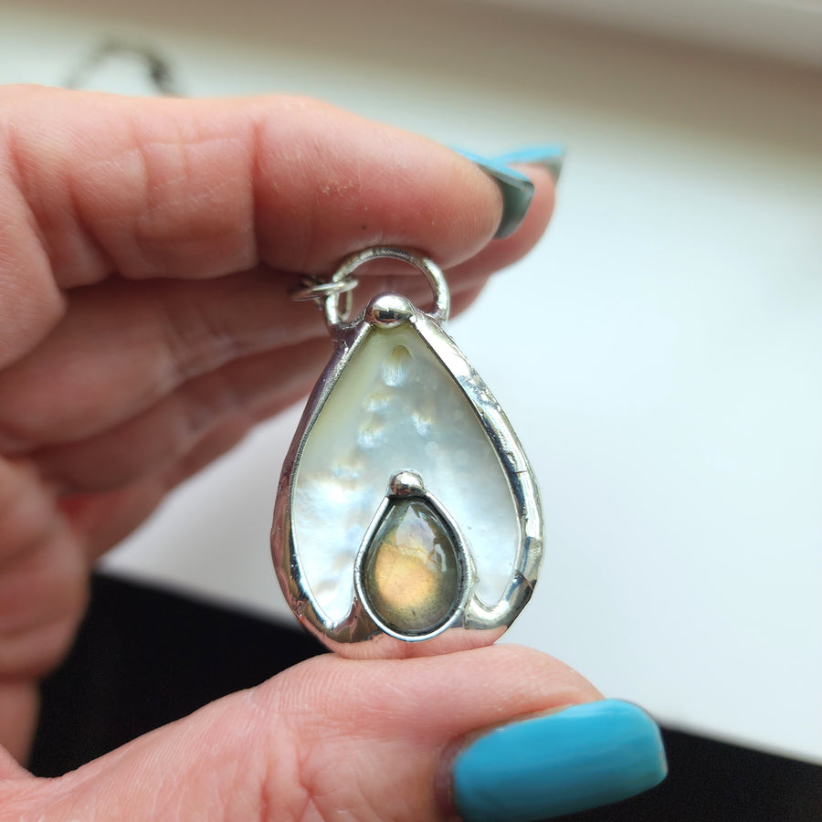 SOLD - Mother of Pearl with Labradorite Inset Pendant Necklace