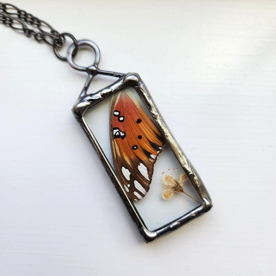 Real Butterfly Wing & Flower Pendant Necklace