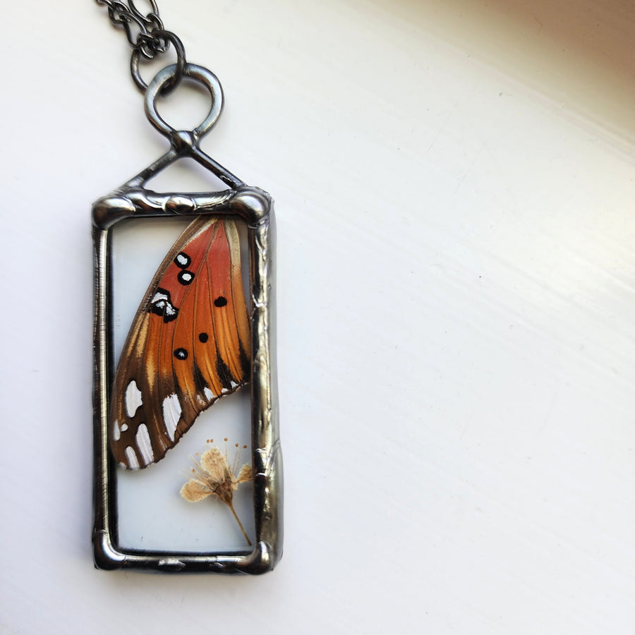 Real Butterfly Wing & Flower Pendant Necklace
