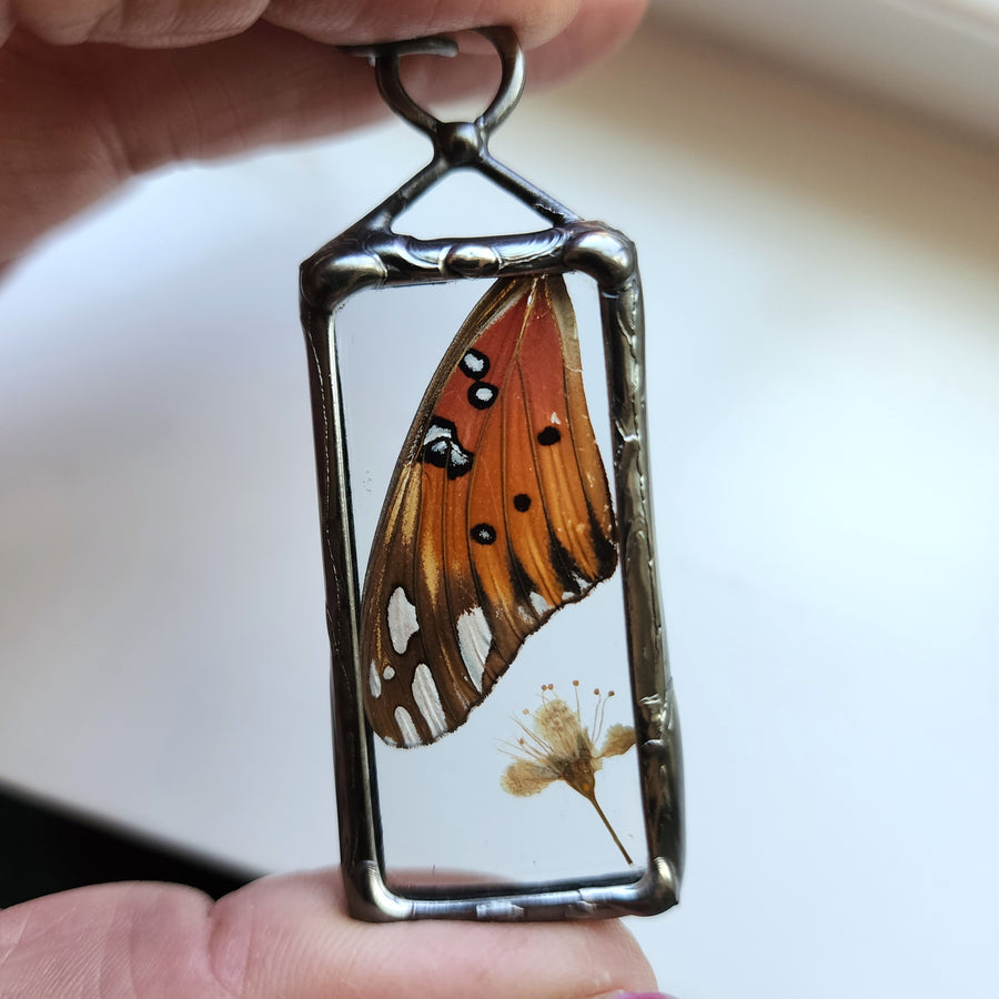 Real Butterfly Wing & Flower Pendant Necklace