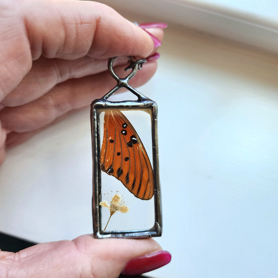 Real Butterfly Wing & Flower Pendant Necklace