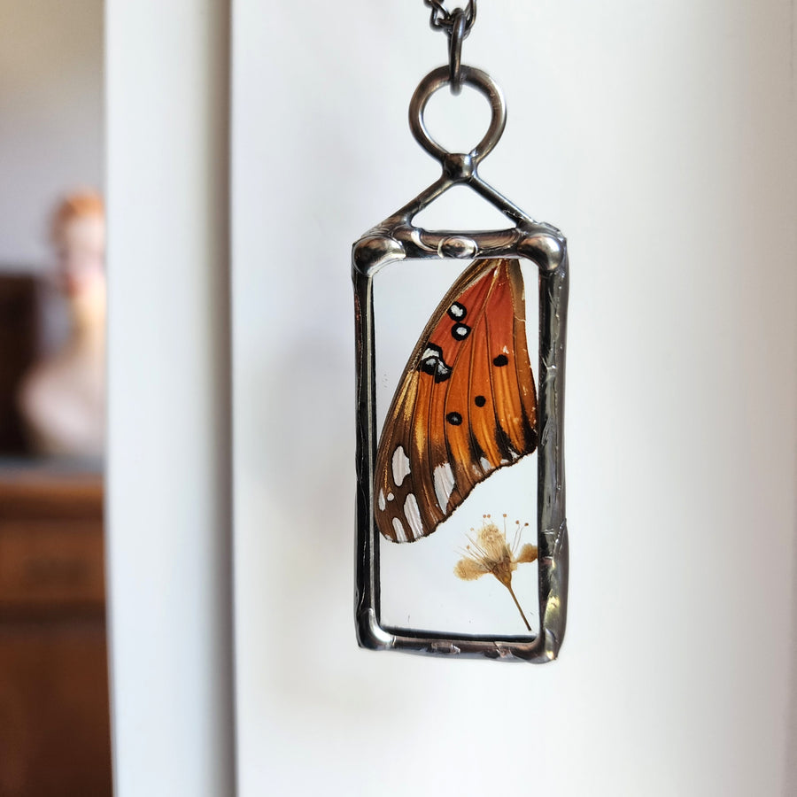 Real Butterfly Wing & Flower Pendant Necklace