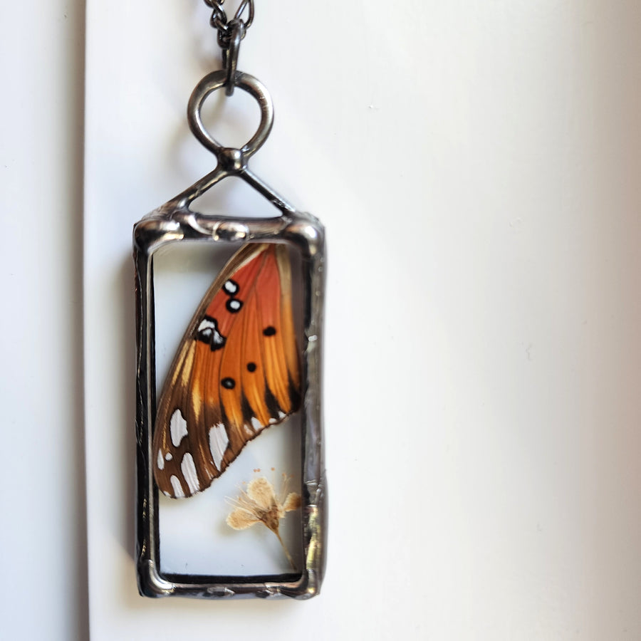 Real Butterfly Wing & Flower Pendant Necklace