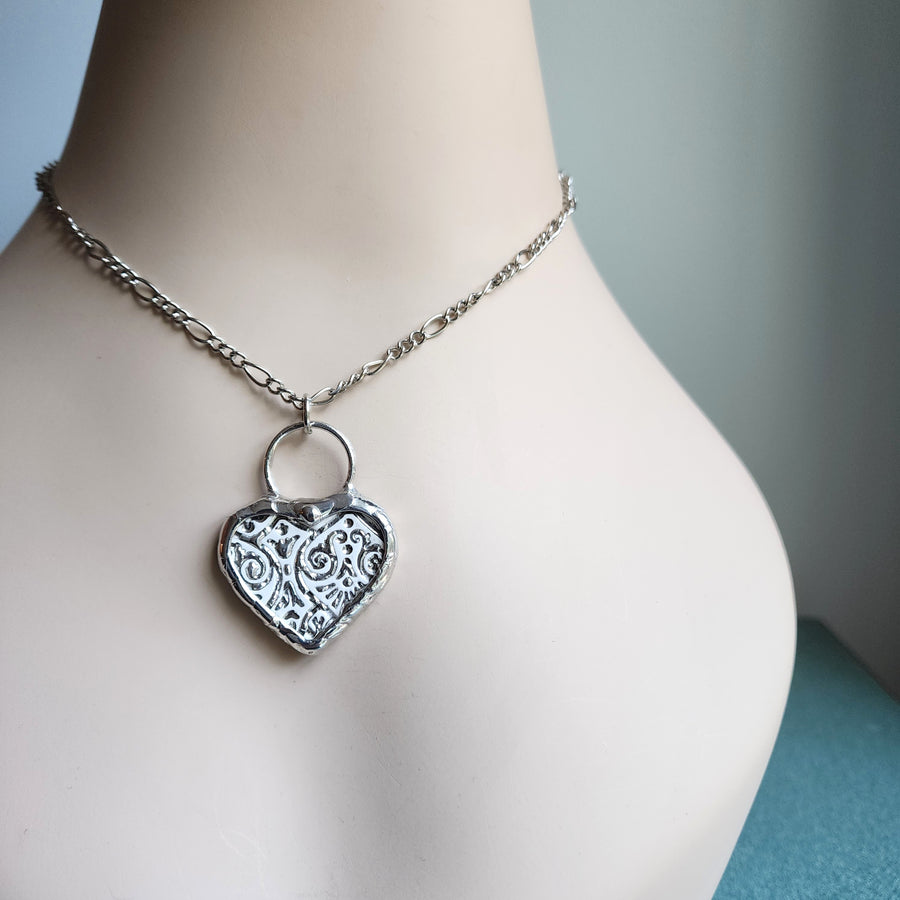 Heart Pendant Necklace, Broken China, Silver Finish