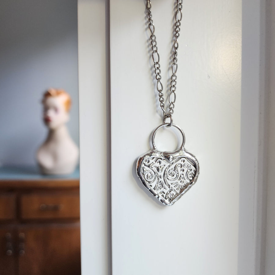 Heart Pendant Necklace, Broken China, Silver Finish