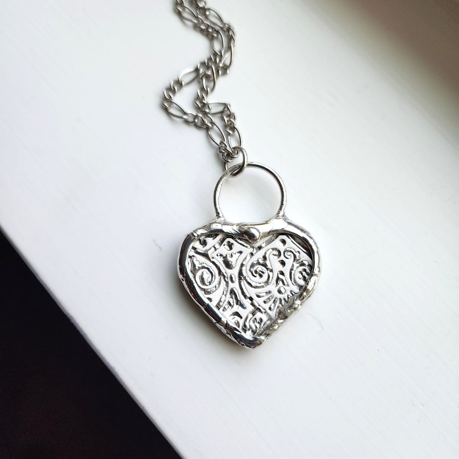 Heart Pendant Necklace, Broken China, Silver Finish