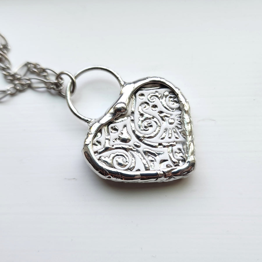 Heart Pendant Necklace, Broken China, Silver Finish