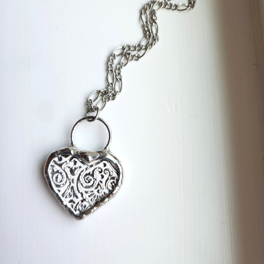 Heart Pendant Necklace, Broken China, Silver Finish