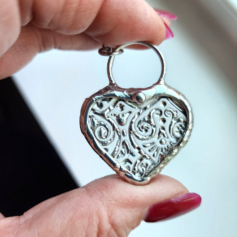 Heart Pendant Necklace, Broken China, Silver Finish