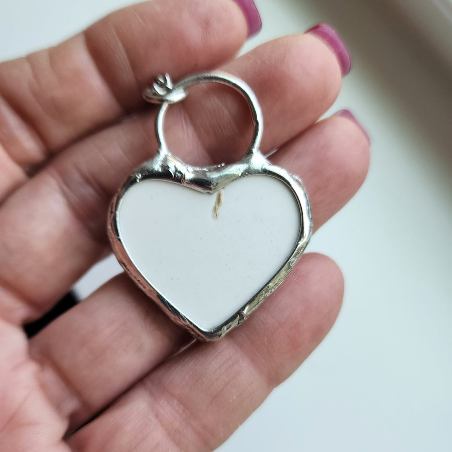 Heart Pendant Necklace, Broken China, Silver Finish