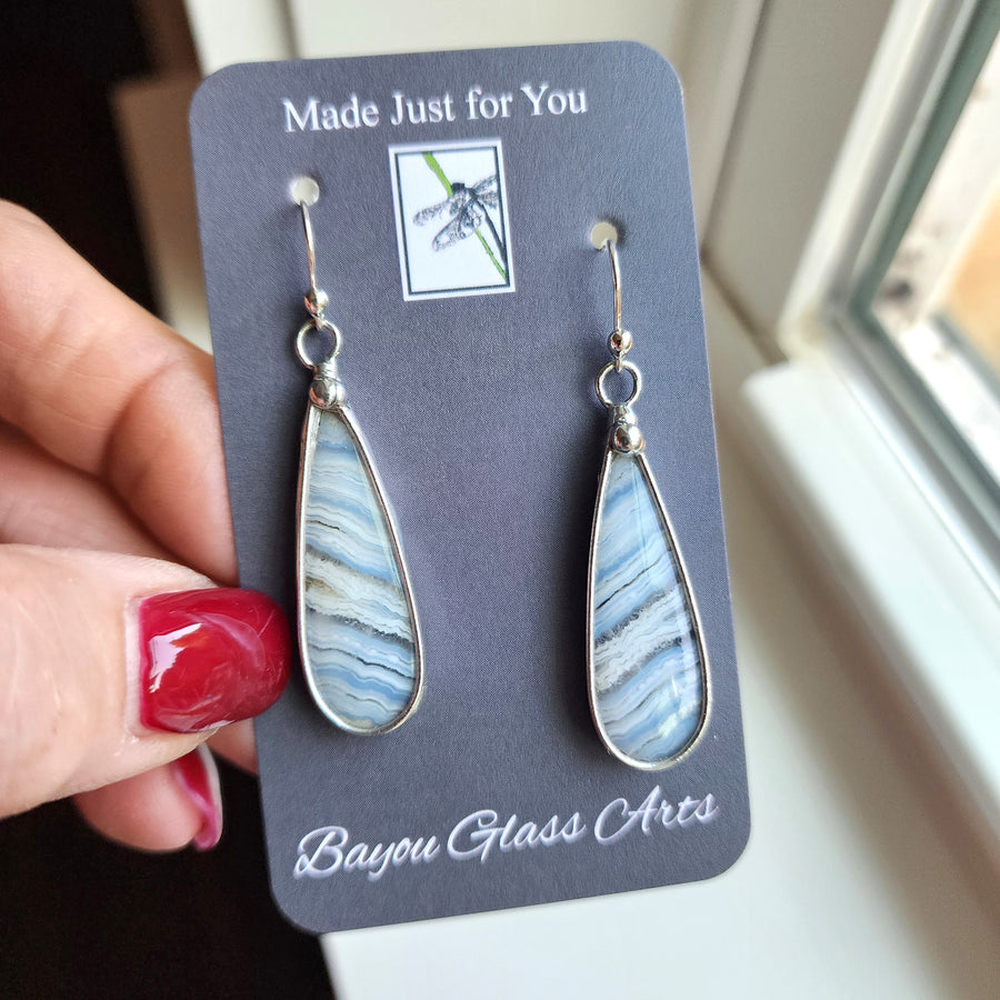 Crazy Lace Agate Earrings, Long Tear Drop, SS Ear Wires