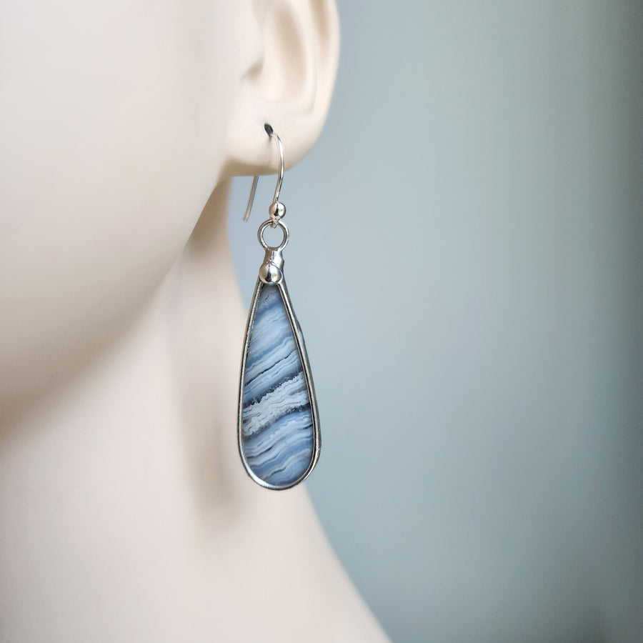 Crazy Lace Agate Earrings, Long Tear Drop, SS Ear Wires