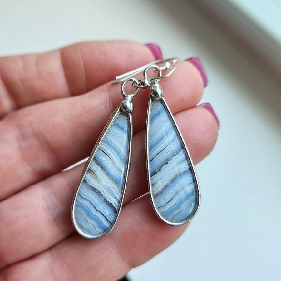Crazy Lace Agate Earrings, Long Tear Drop, SS Ear Wires