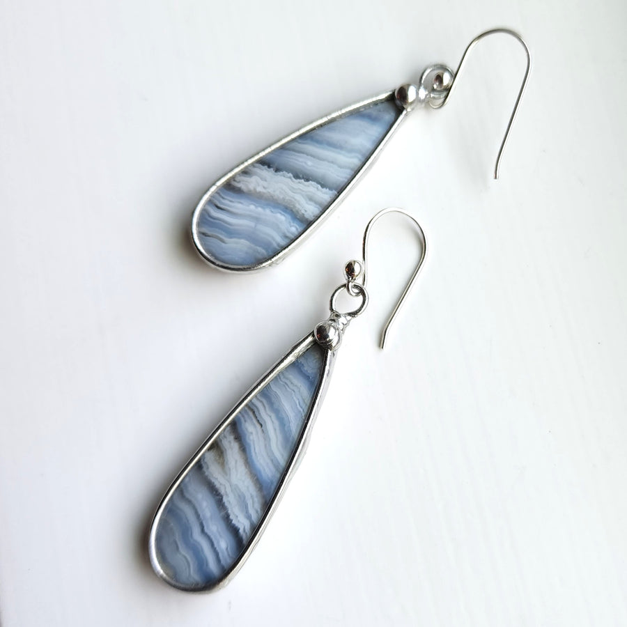 Crazy Lace Agate Earrings, Long Tear Drop, SS Ear Wires