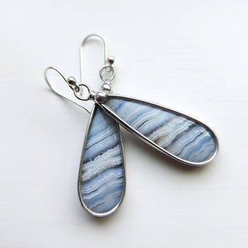 Crazy Lace Agate Earrings, Long Tear Drop, SS Ear Wires