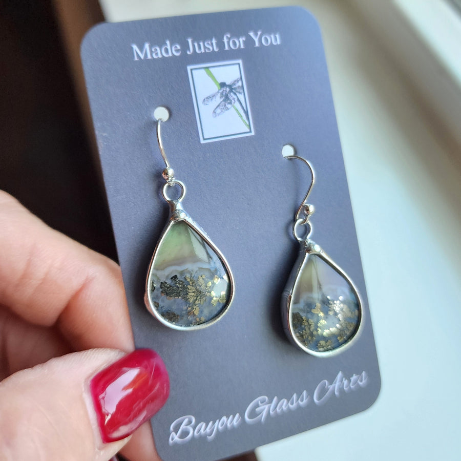 Agate & Pyrite Earrings, Green Doublet, SS Ear Wires