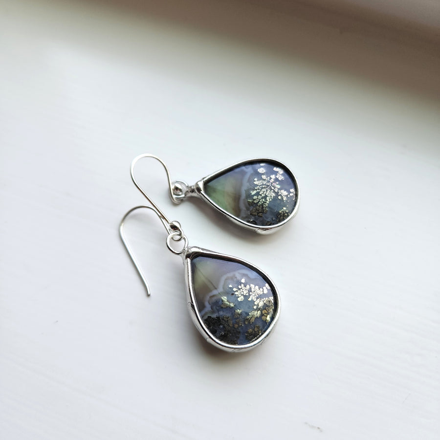 Agate & Pyrite Earrings, Green Doublet, SS Ear Wires