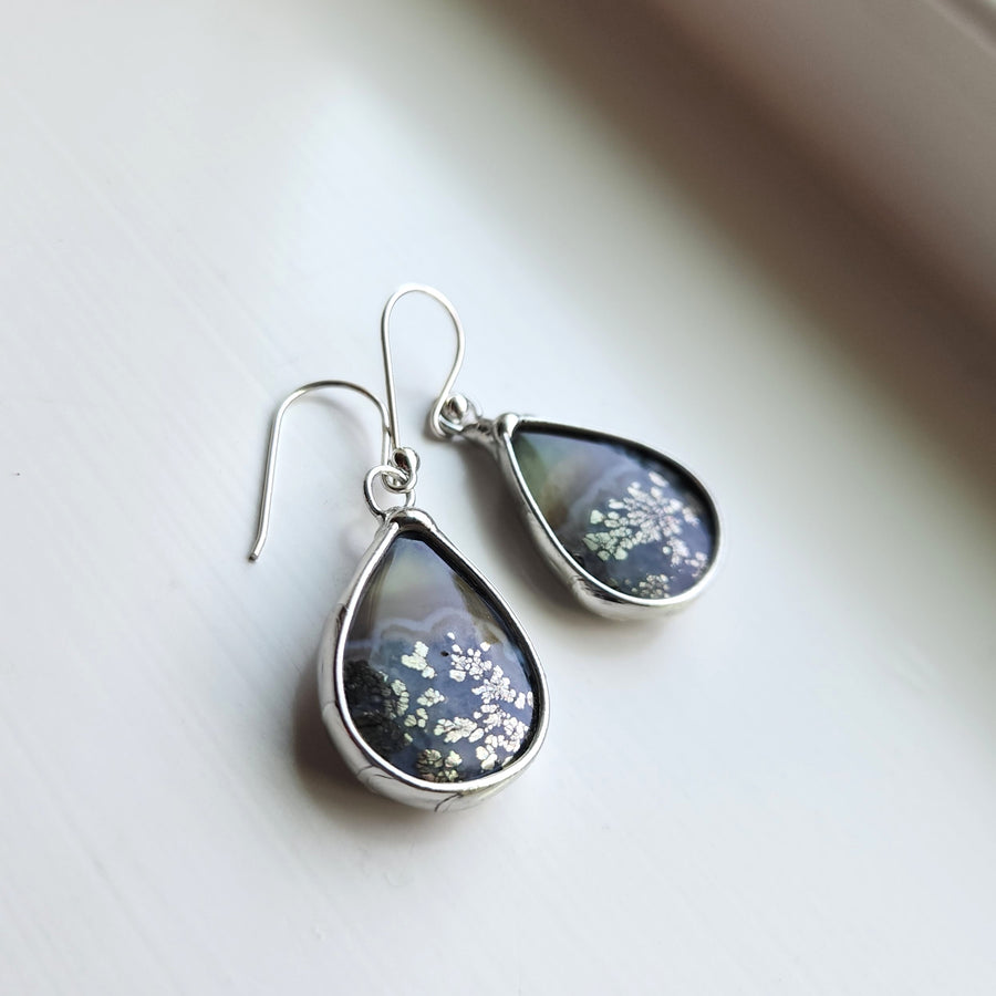 Agate & Pyrite Earrings, Green Doublet, SS Ear Wires