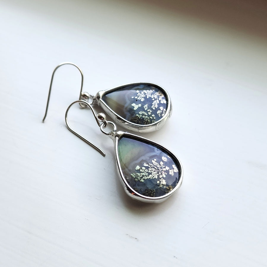 Agate & Pyrite Earrings, Green Doublet, SS Ear Wires