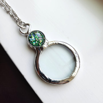 Magnifier Necklace with Green Glass Opal Inset, Long Necklace