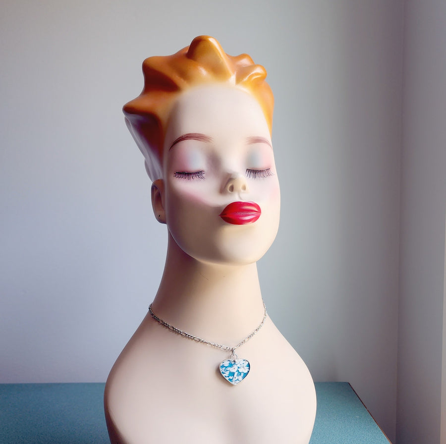 Clouds in the Sky Blue Agate Doublet Heart Pendant Necklace