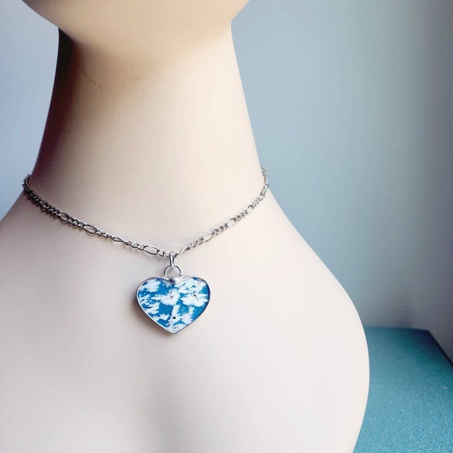 Clouds in the Sky Blue Agate Doublet Heart Pendant Necklace