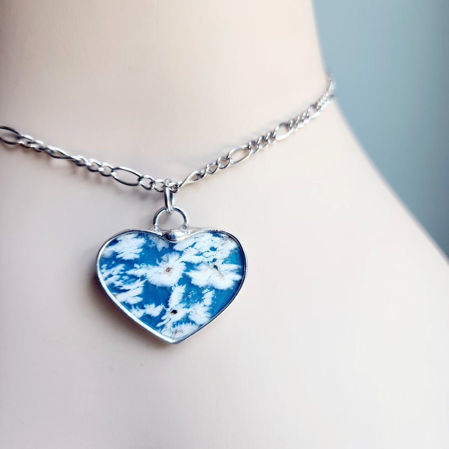 Clouds in the Sky Blue Agate Doublet Heart Pendant Necklace