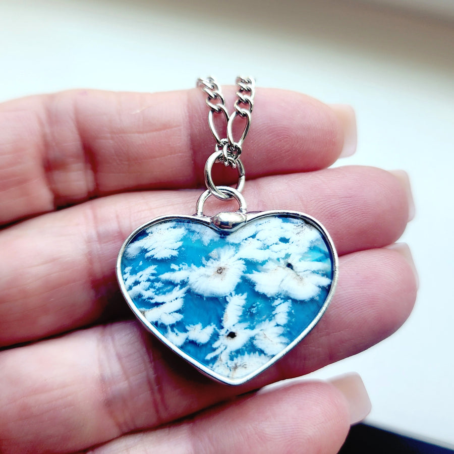 Clouds in the Sky Blue Agate Doublet Heart Pendant Necklace