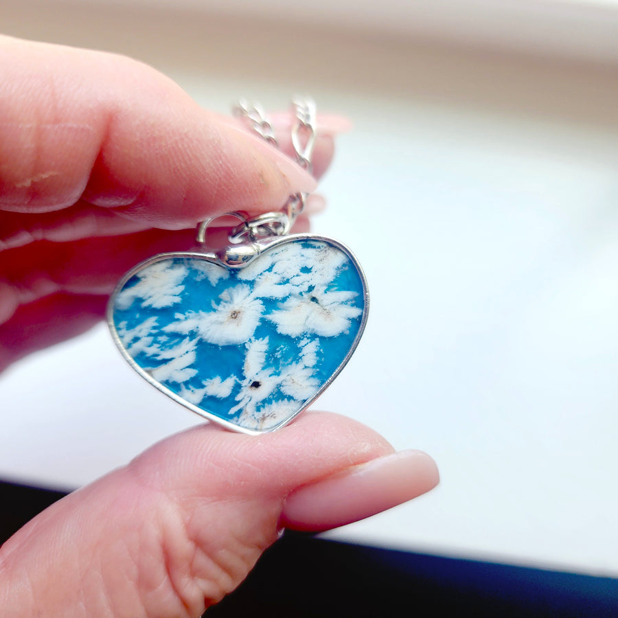 Clouds in the Sky Blue Agate Doublet Heart Pendant Necklace