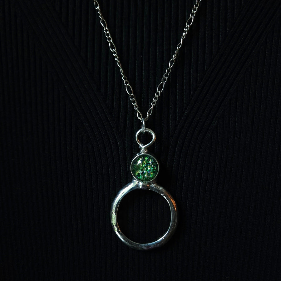 Magnifier Necklace with Green Glass Opal Inset, Long Necklace