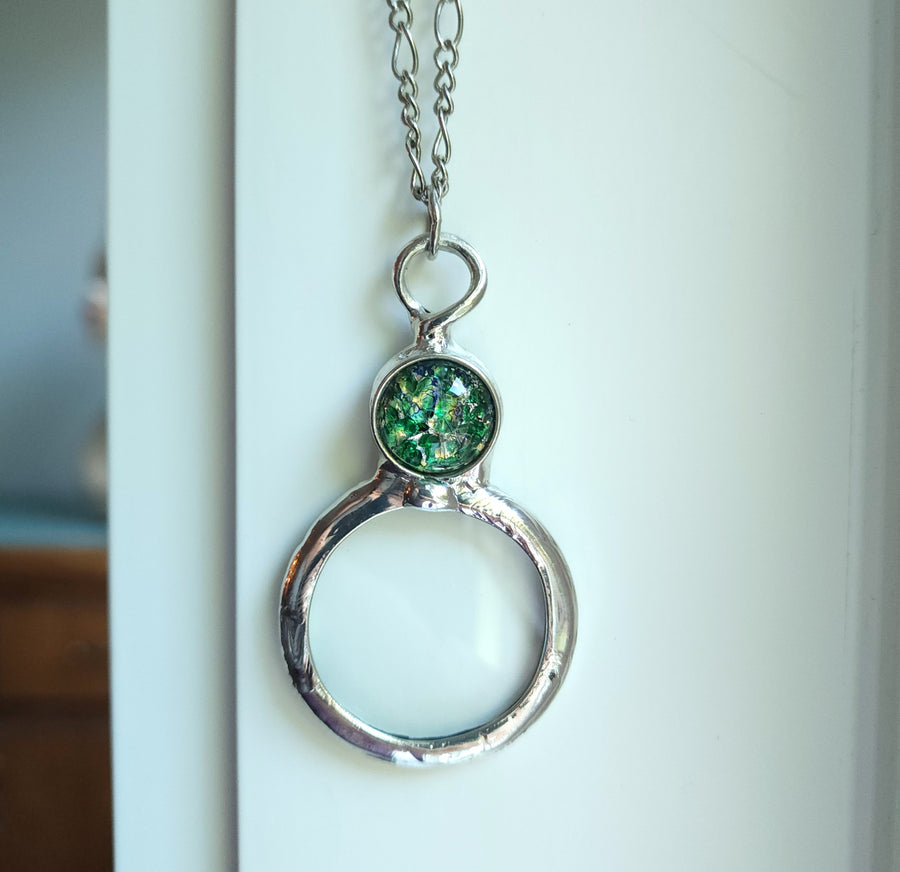 Magnifier Necklace with Green Glass Opal Inset, Long Necklace